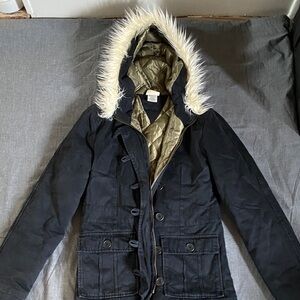 Roxy Black Hooded Coat with Faux Fur Trim snowboard winter 2000s